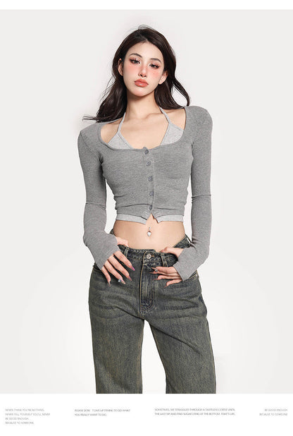 Antmvs Gwen Fake Two Piece Halter Long-sleeved Button Up Slim Cropped Top