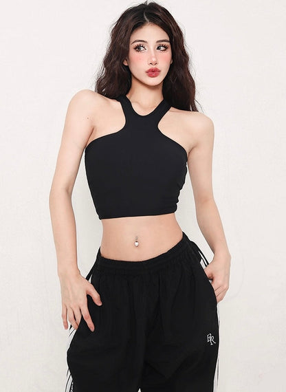 Antmvs Tatia Solid Color Slim Halter Sleeveless Cropped Top