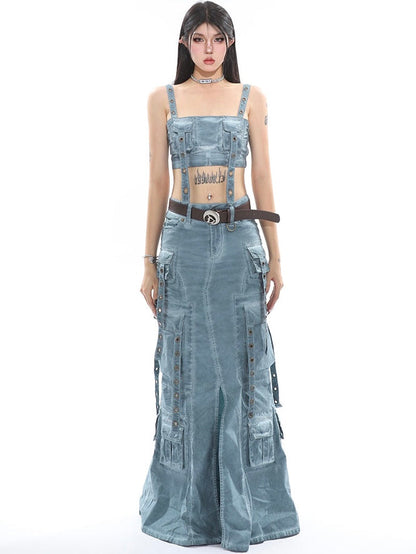 Antmvs Avery Gothic Denim Washed Solid Color Multi-Pocket Spaghetti Strap Cropped Top + Denim Washed Solid Color Multi-Pocket High Waist A-Line Long Skirt Matching Set