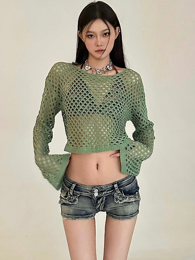 Antmvs Kaira Solid Color Round Neck Fish Neck Long Sleeve Cropped Top