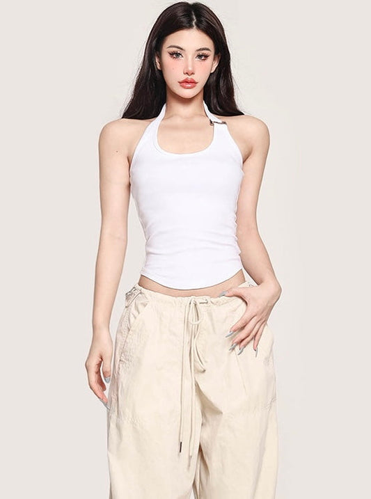 Antmvs Camilla Solid Color White Halter Sleeveless Slim Top