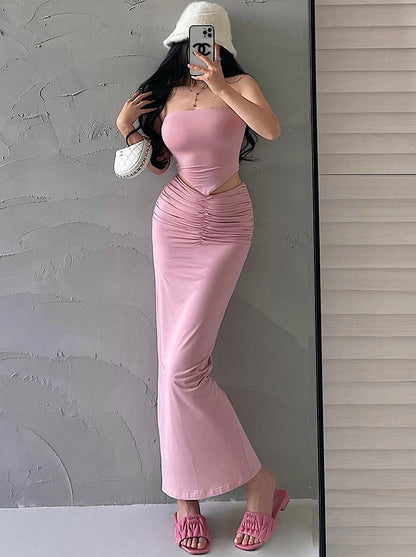 Antmvs Presila Solid Color Sleeveless Slim Bandeau Tube Top + Solid Color Pleated High V-Waist Back Slit Long Slim Skirt Matching Set