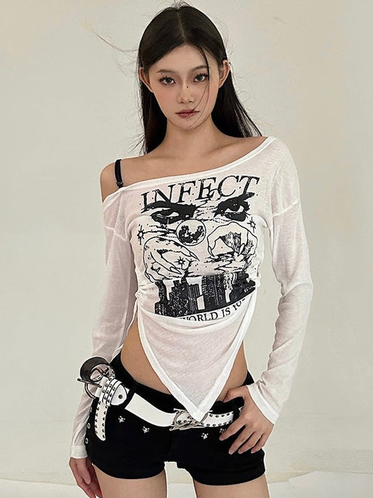 Antmvs Lia Solid Color Graphic Image Print Vintage Off-the-Shoulder Long-Sleeved Top