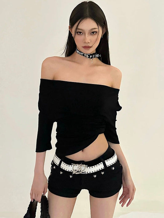 Antmvs Linda Solid Color Black Off-the-Shoulder Pleated Irregular Slanted Top