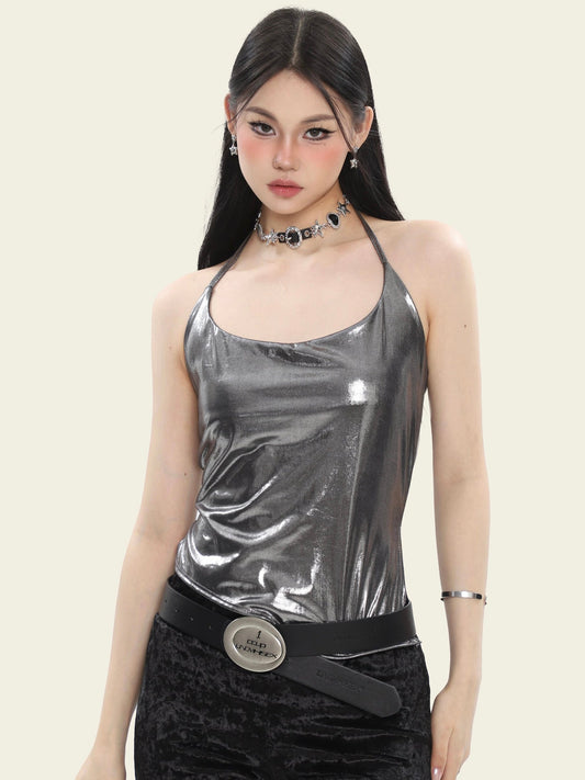 Antmvs Kilien Metallic Silver Halter Sleeveless Top