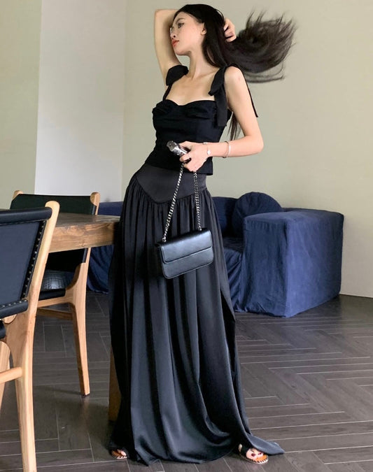 Antmvs Latasha Solid Color Black Wide Strap V-Neck Slim Camisole Top + Solid Color Black High Waist Pleated Long Midi Skirt Matching Set