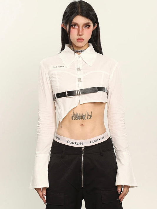 Antmvs Nora Solid Color White Irregular Asymmetrical Cut Out Black Belt Waist Cropped Shirt Top