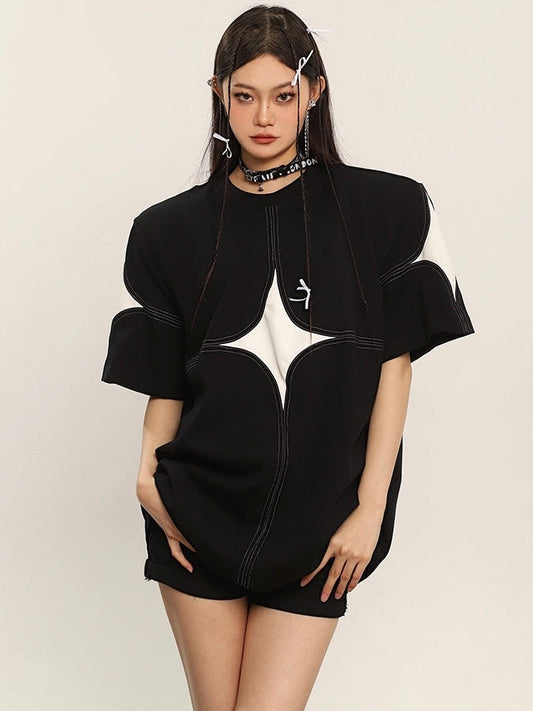 Antmvs Dark Twilight Sparkle Solid Color Patchwork Design Short Sleeve Baggy Leather Tee Top