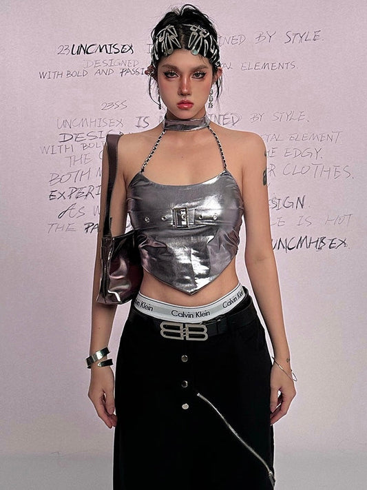 Antmvs Ulan Metallic Silver Halter Cropped Top