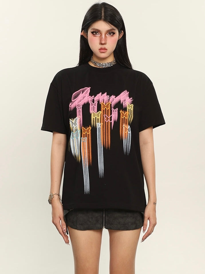 Antmvs Neon Butterfly Graphic Image Print Short Sleeve Cropped Top & Tee