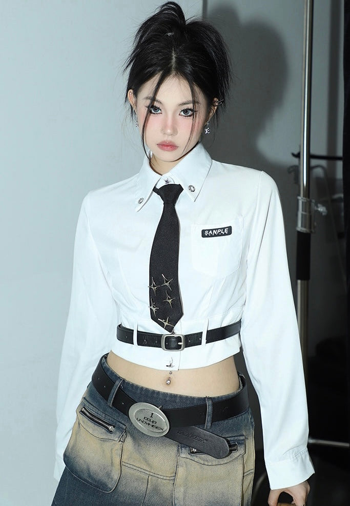 Antmvs Liana Solid Color White Preppy Letter Cropped Star Office Shirt Long Sleeve Black Waist Belt Top