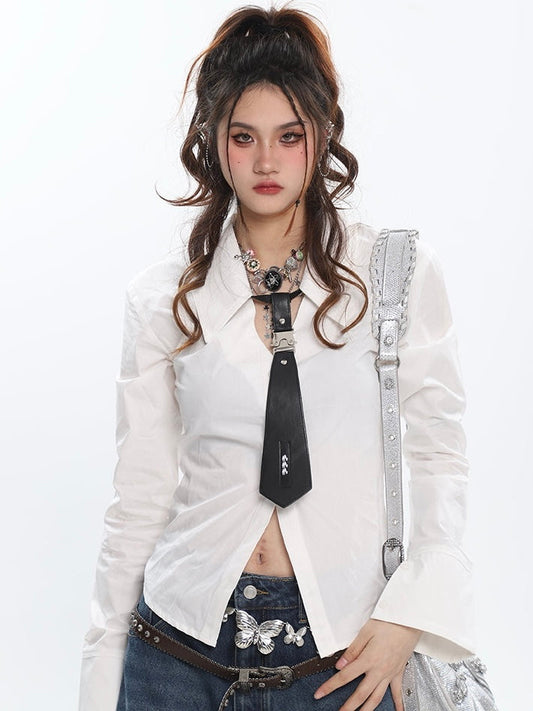 Antmvs Neo Basic Minimalist V-Neck Short Versatile Long Sleeve Office Shirt Top