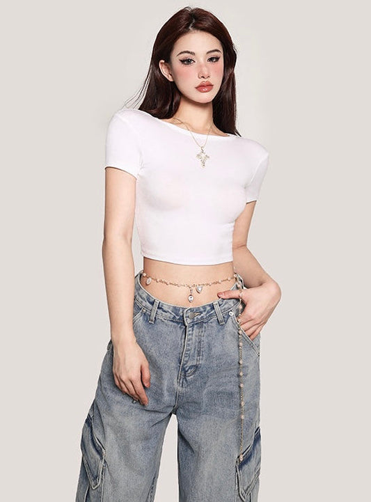 Antmvs Selene Solid Color Slim Short Sleeve Basic Cropped Top