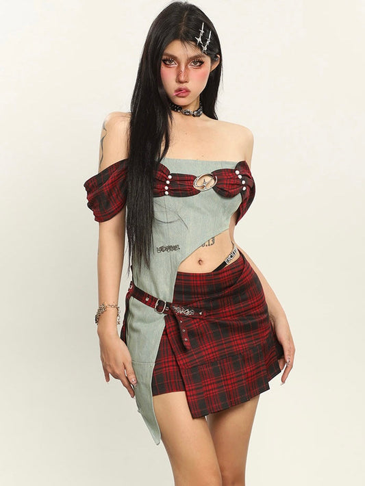 Antmvs Dauna Red Check Paneled Denim College Off-the-Shoulder Top + Belt Strap Mini Skirt Matching Set