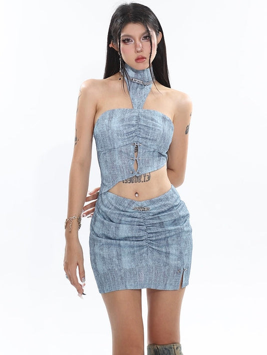 Antmvs Sloan Blue Halter Neck Cut Out Asymmetrical Bandeau Top + High V-Waist Pleated Slim Mini Skirt Matching Set