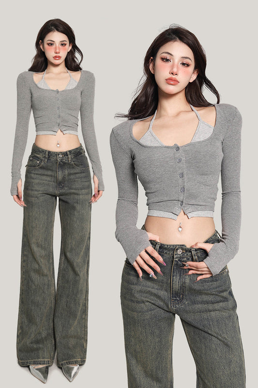 Antmvs Gwen Fake Two Piece Halter Long-sleeved Button Up Slim Cropped Top