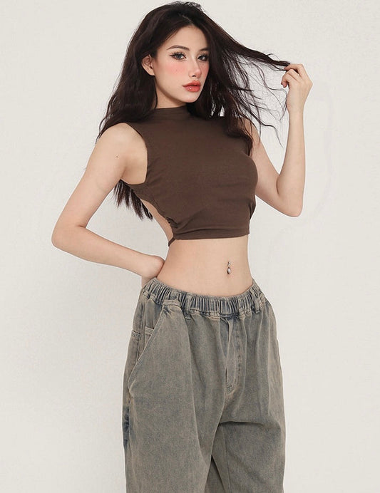 Antmvs Zhou Solid Color Turtleneck Sleeveless Backless Drawstring Pleated Cropped Top