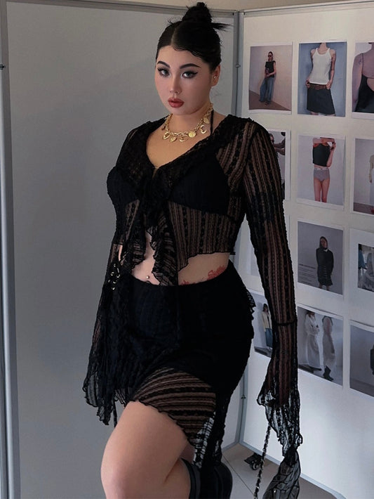 Antmvs Kiara Plus Size Solid Color Sheer Plus Size V-neck Tulle Long Sleeve Cropped Top + High Waist Sheer Mini Skirt Matching Set