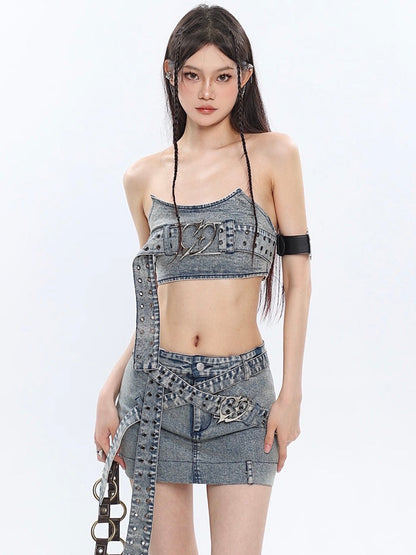 Antmvs Chrome Denim Heart Belt Bandeau Top + Denim Belt Wrap Mini Skirt + Denim Micro Flare Jeans Pants Matching Set