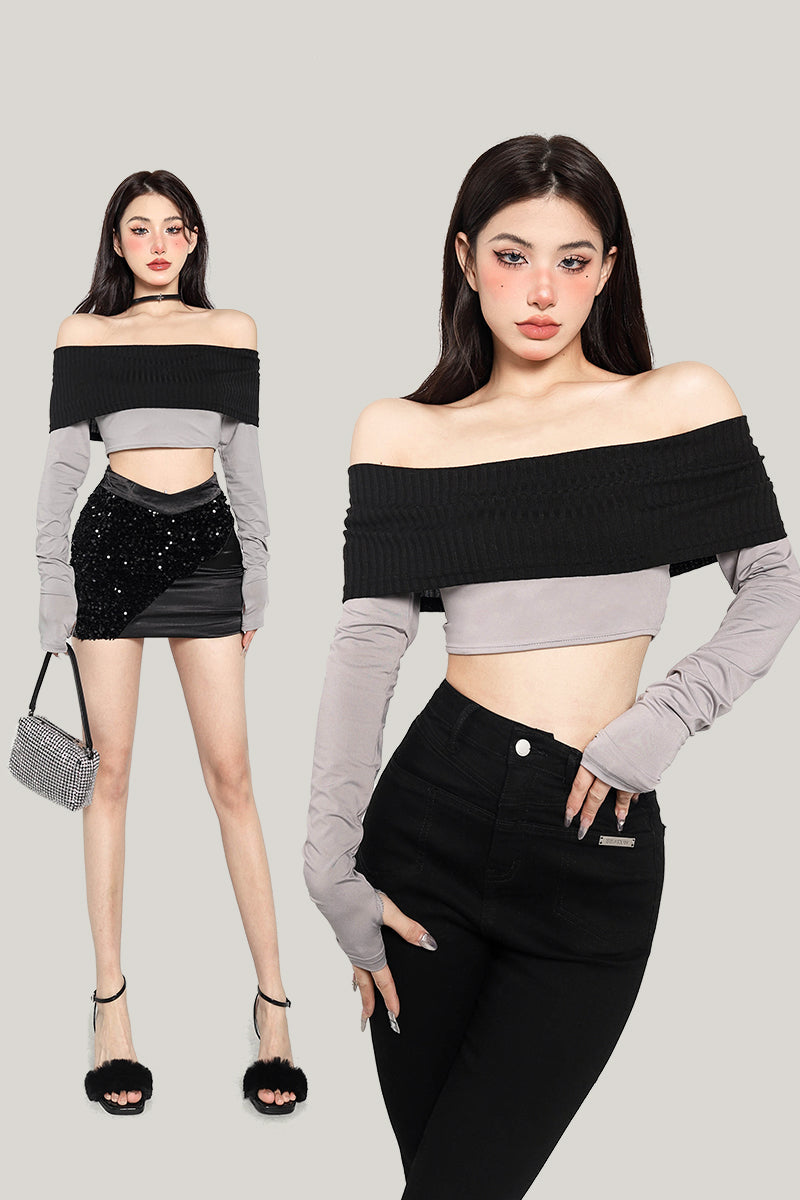 Antmvs Giana Contrast Color Off the Shoulder Long Sleeve Slim Cropped Top