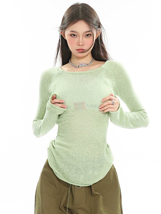 Antmvs Taira Solid Color Slightly See Through Long Sleeve Round Neck Slim Top