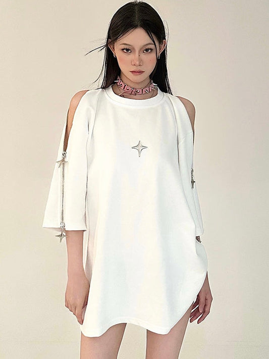 Antmvs Jodie Solid Color Sleeves Cut Out Short Sleeve Silver Twinkle Star Brooch Tee-Shirt Top