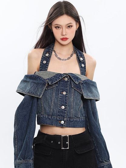 Antmvs Seanna Denim Blue Spice Neck Off-the-Shoulder Halter Loose Cropped Jacket Top