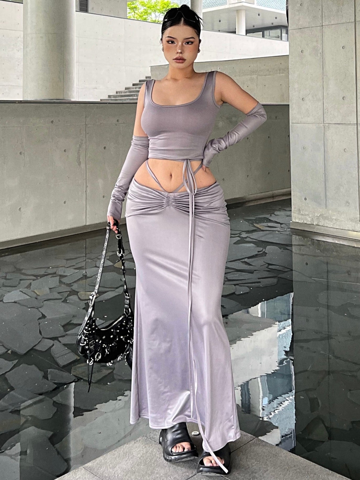 Antmvs SYNEZ Solid Color Metallic Slim Cropped Top + Drawstring Tie Up Fishtail Long Skirt Matching Set