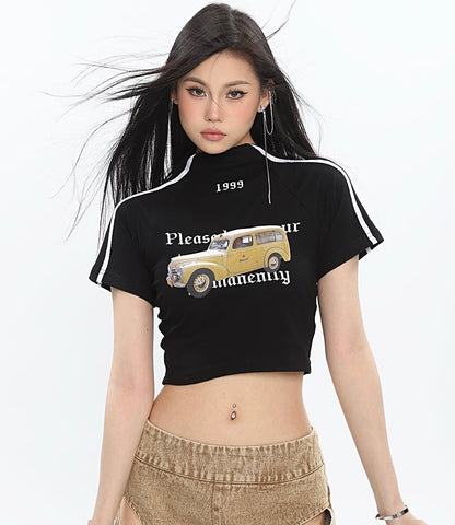 Antmvs Delancy Graphic Automobile Image Print Turtleneck Solid Color Short Sleeve Cropped Top