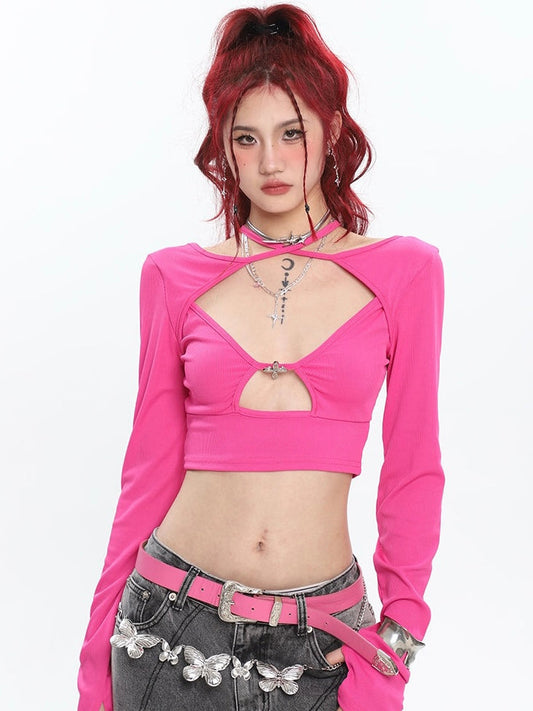 Antmvs Giana Solid Color Hot Pink Cutout Long Sleeve Slim Cropped Top