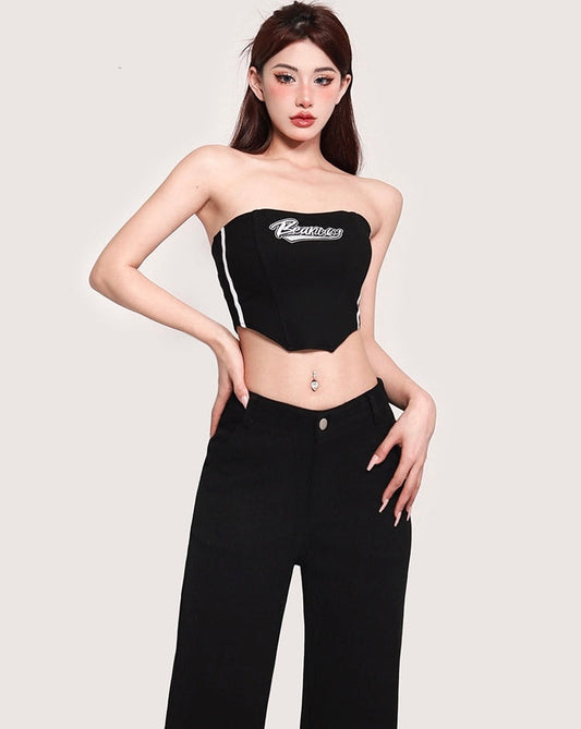 Antmvs Gillian Solid Color Black Sleeveless Irregular Bandeau Top