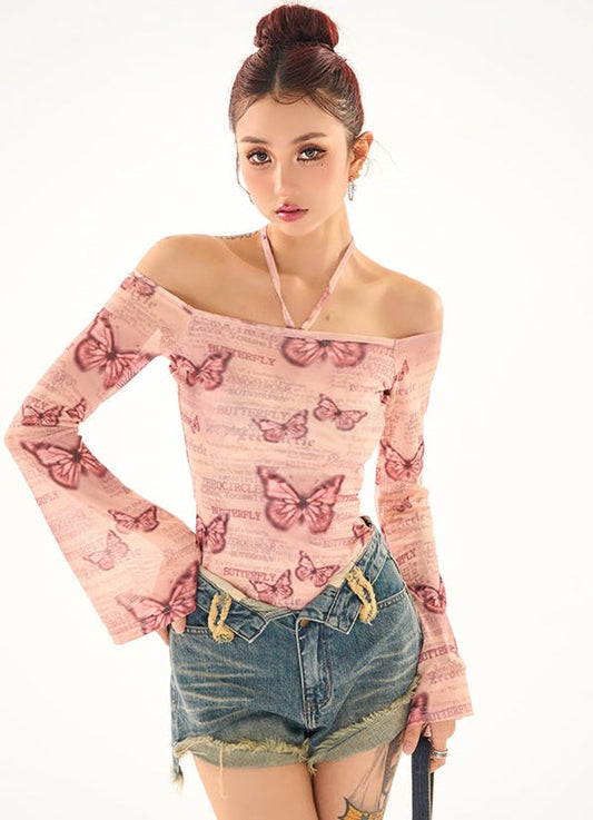 Antmvs Maribella Pink Butterfly Print Long Bell Sleeve Off-the-Shoulder Slim Cropped Top