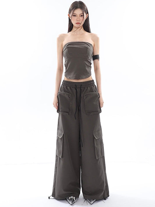 Antmvs Shaya Solid Color Dark Grey Bandeau Sleeveless Slim Cropped Top + High Wasit Multi-Pocket Straight Leg Baggy Cargo Pants Matching Set