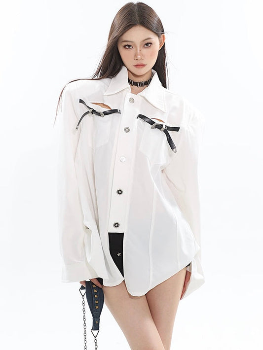 Antmvs Krizia Solid Color Long Sleeve Button Up Bow Tie Deco Office Shirt Style Shoulder Pad Shirt Top