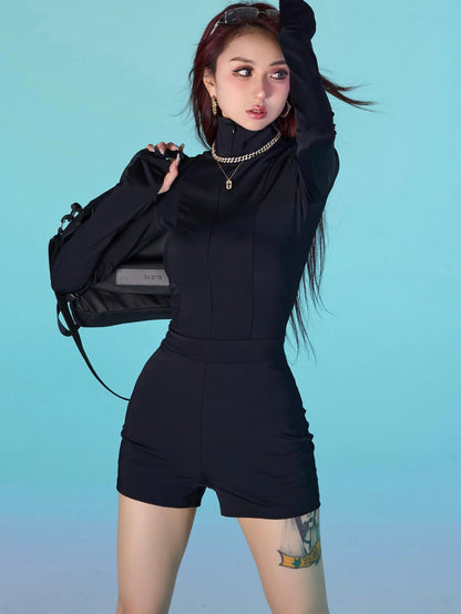 Antmvs Alice Solid Color Black Jumpsuit Long Sleeve Slim Zip Up Top Slim Mini Short Set