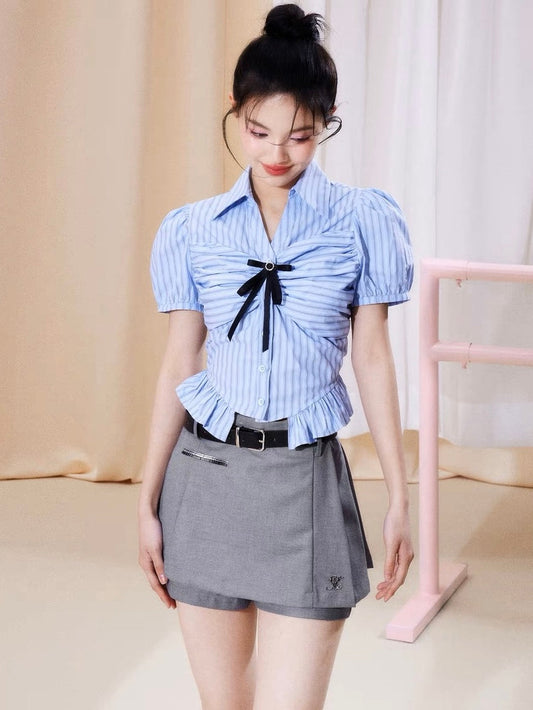 Antmvs Jennie Blue Stripe Short Sleeve Bow Silver Brooch Button Up Top + Solid Color High Waist Pleated Mini Skirt Cute Matching Set