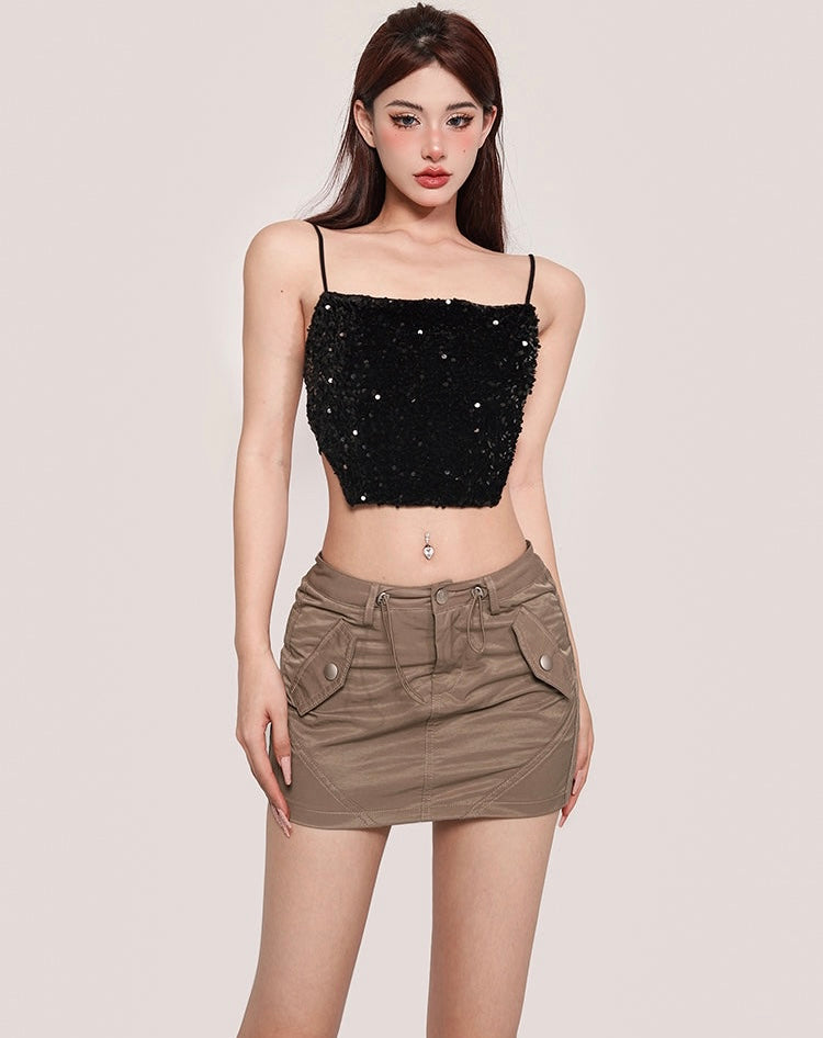 Antmvs Xia Solid Color Sequin Spaghetti Strap Irregular Camisole Top