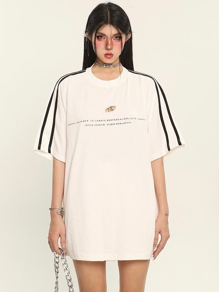 Antmvs Alexandra Solid Color Graphic Letter Print Metal Design Short Stripe Sleeve Baggy Tee Top