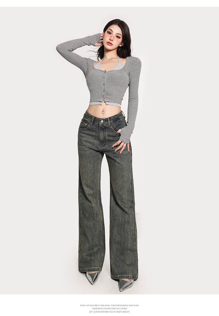 Antmvs Gwen Fake Two Piece Halter Long-sleeved Button Up Slim Cropped Top