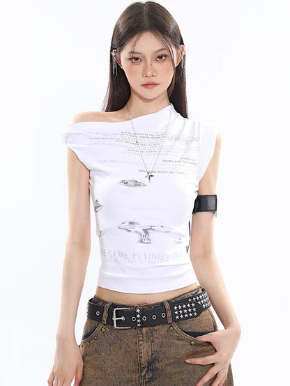 Antmvs Loid Solid Color Graphic Letter Print Off-the-Shoulder Irregular Slim Slanted Shoulder Top