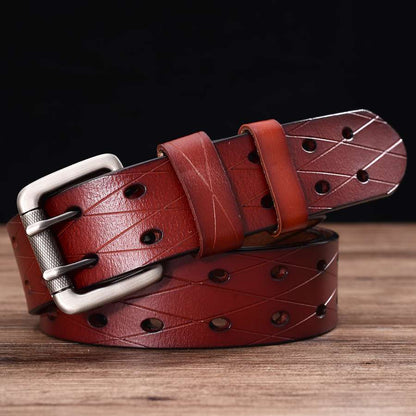 Men's Leather Double Prong Belt Classic Double Row Hole Belt Universal Hollowed Out Belt Jeans Men Waistband NEW Belts for Men