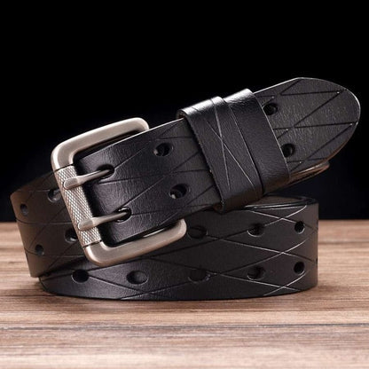 Men's Leather Double Prong Belt Classic Double Row Hole Belt Universal Hollowed Out Belt Jeans Men Waistband NEW Belts for Men