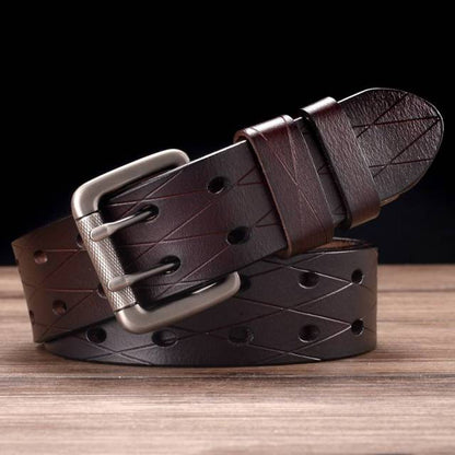 Men's Leather Double Prong Belt Classic Double Row Hole Belt Universal Hollowed Out Belt Jeans Men Waistband NEW Belts for Men