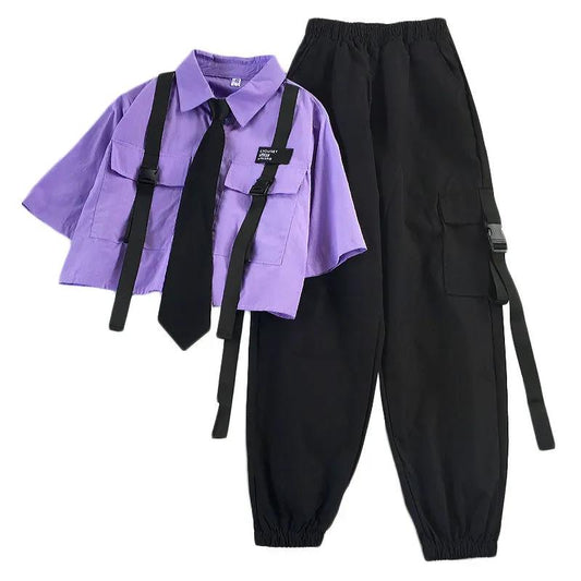 Antmvs Autumn Streetwear Pants High-Waist Straight Ribbon Cargo Pants Student Loose Short-Sleeved Shirt with Tie two-piece Set