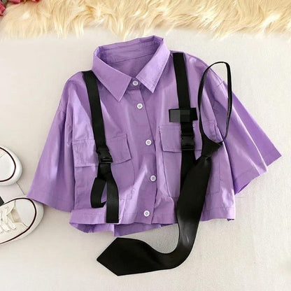 Antmvs Autumn Streetwear Pants High-Waist Straight Ribbon Cargo Pants Student Loose Short-Sleeved Shirt with Tie two-piece Set