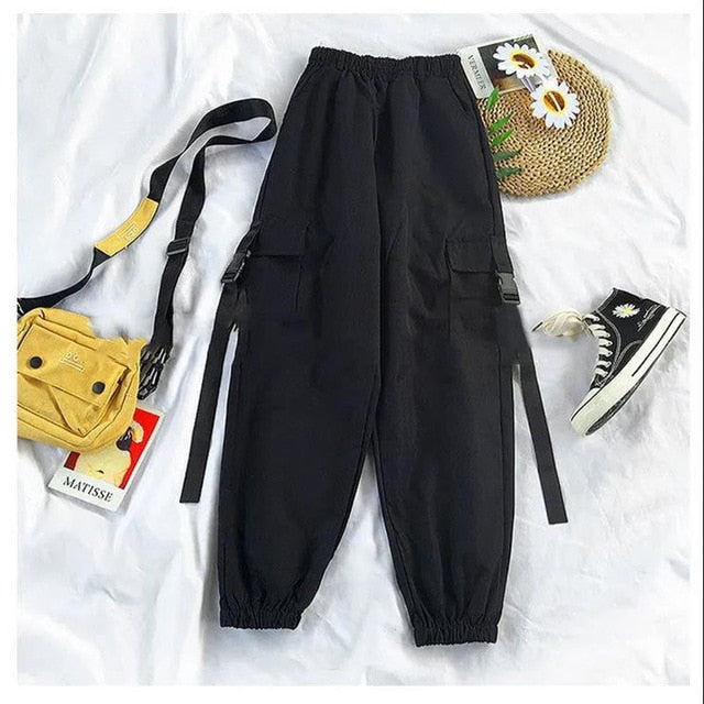 Antmvs Autumn Streetwear Pants High-Waist Straight Ribbon Cargo Pants Student Loose Short-Sleeved Shirt with Tie two-piece Set