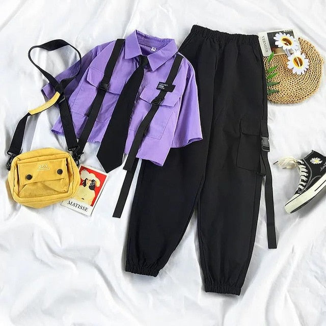 Antmvs Autumn Streetwear Pants High-Waist Straight Ribbon Cargo Pants Student Loose Short-Sleeved Shirt with Tie two-piece Set