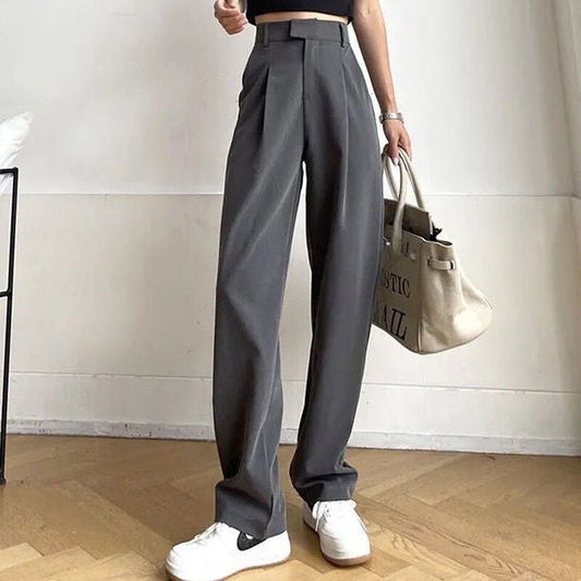 Antmvs Women's Suit Pants Draping Spring Autumn High Waist Casual Business Dress Pants Loose Straight Mopping Pants Wide Leg Pants Grey