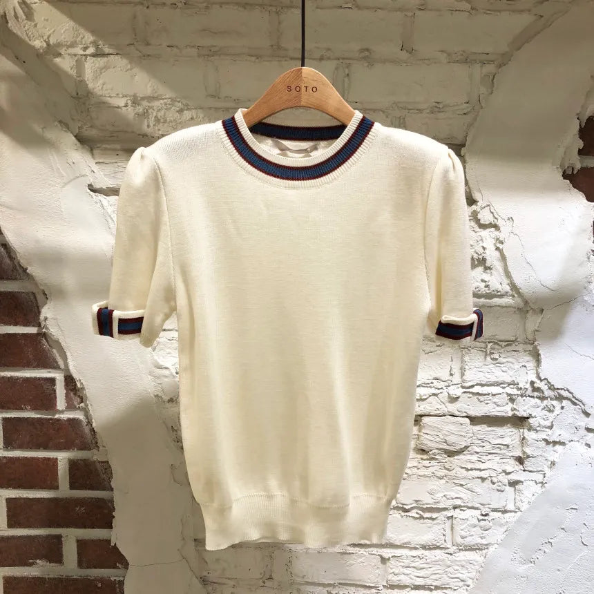 Spring Summer Korean Knitted Sweaters Tops Short Sleeve O-neck Vintage Fashion Office Pullover Sweaters Femme