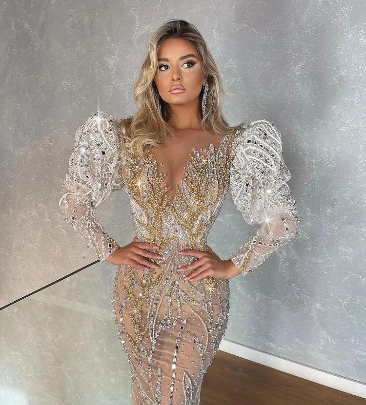 Plus Size Arabic Aso Ebi Luxurious Sparkly Mermaid Wedding Dress Beaded Crystals Lace Bridal Gowns Dresses ZJ462